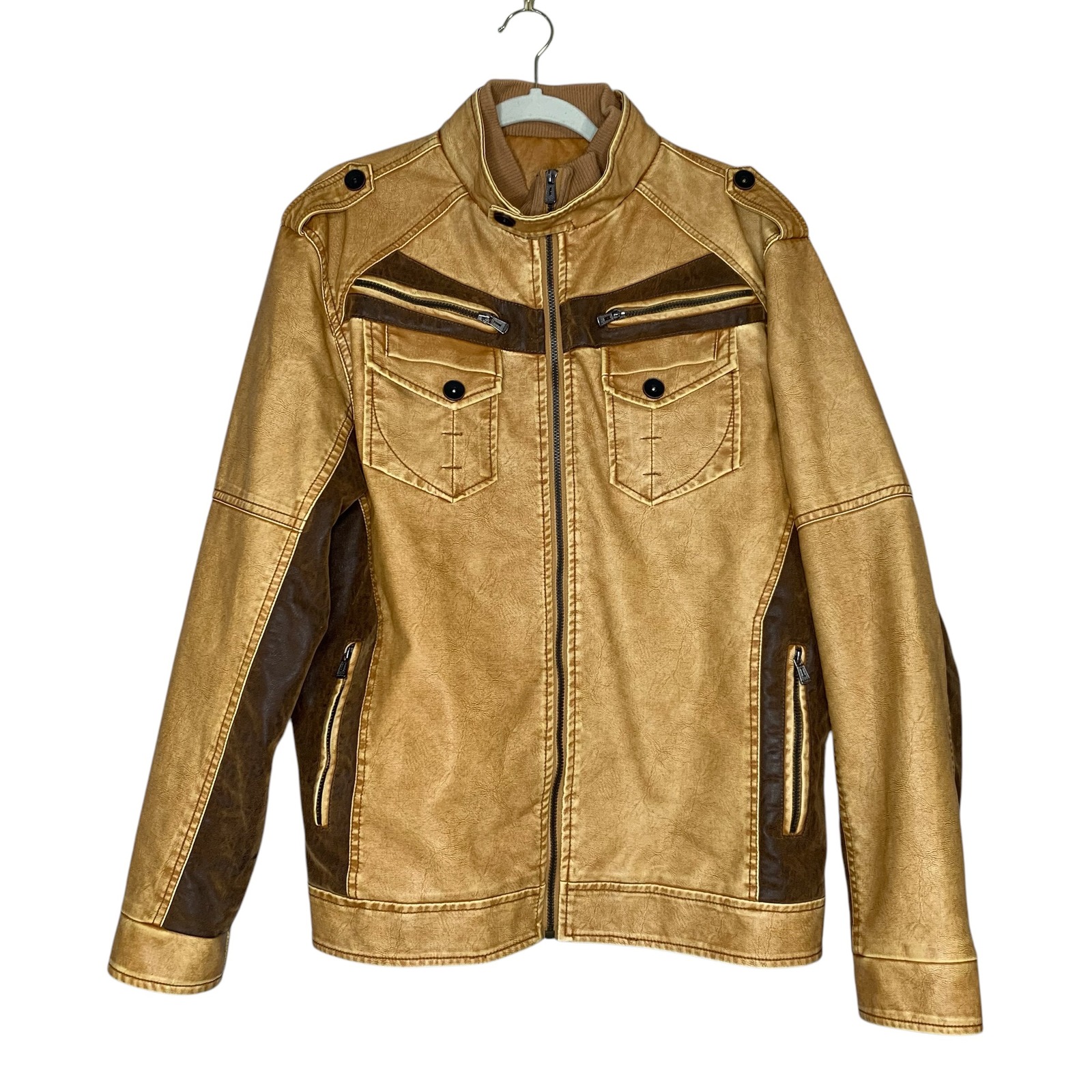 Mens Faux Leather Jacket Brown Zip Front Pockets Lined Moto Biker Style L